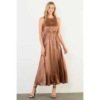 Pleated Sleeveless Maxi Dress: BROWN / XS-S-M-L(1-2-2-1)