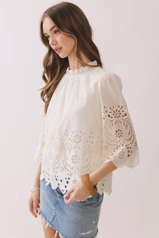 CT9629-Floral Eyelet Embroidery Detail Solid Top: Ivory / M
