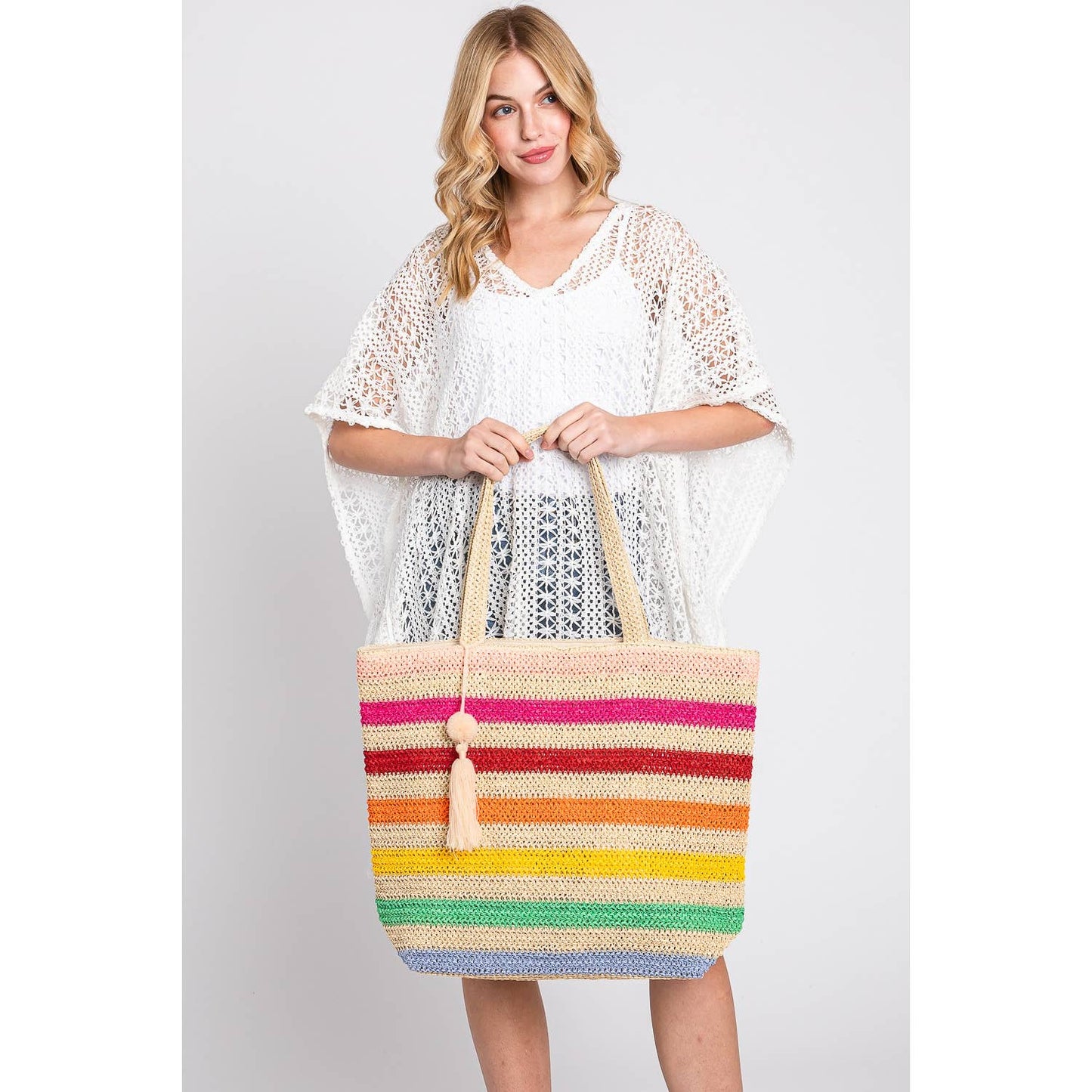 Pom Pom Tassel Multi Color Striped Tote Bag