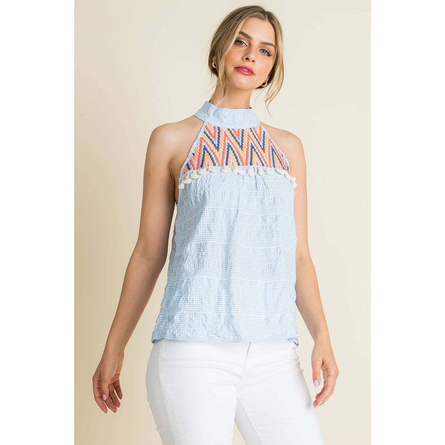 Embroidered Gingham Print Halter Top