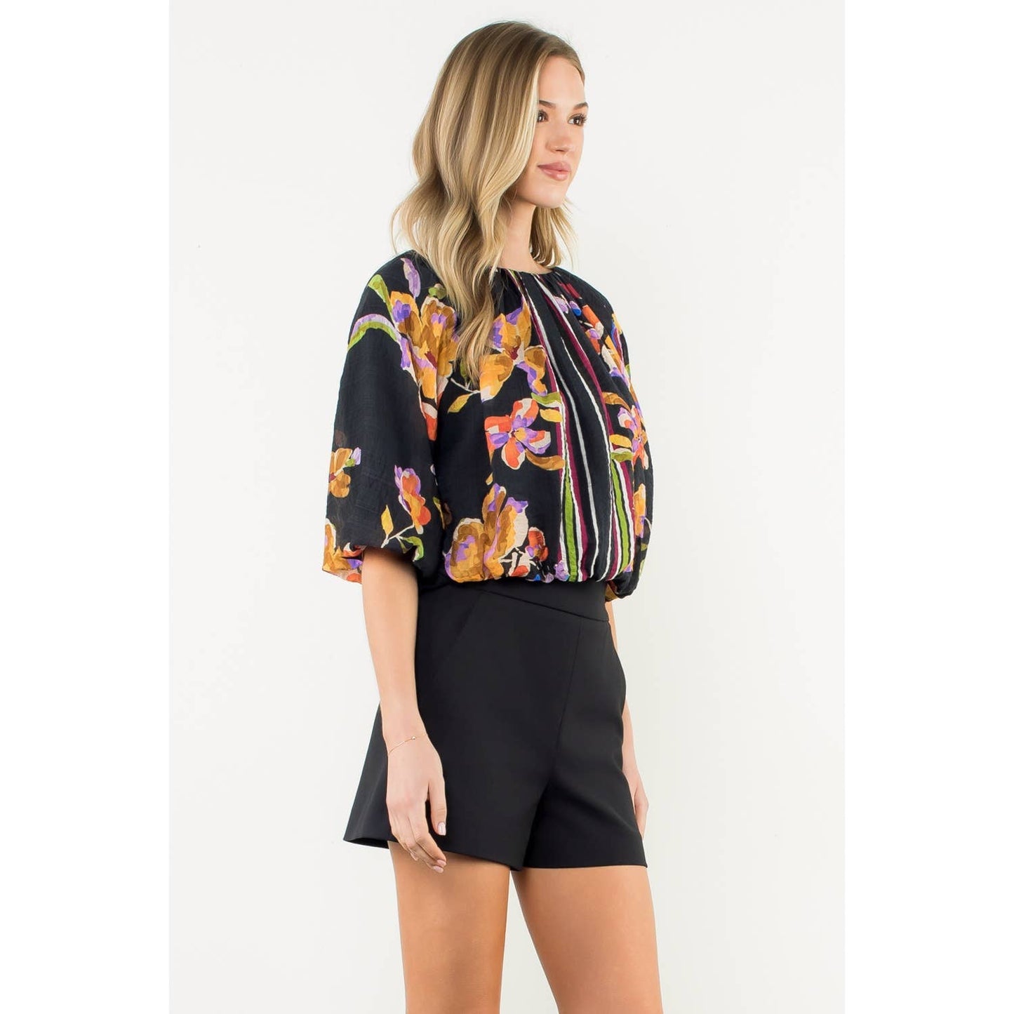 Striped Floral Puff Sleeve Blouse: BLACK / XS-S-M-L(1-2-2-1)