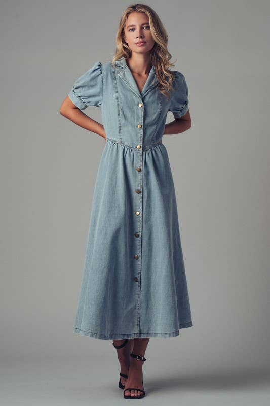Lydia Button-Down Puff Sleeve Denim Dress