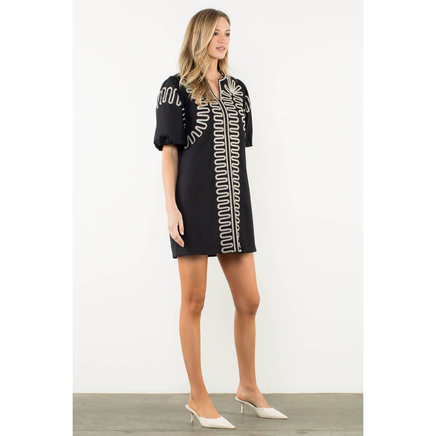 Amelia Embroidered Puff Sleeve V-Neck Dress: Black