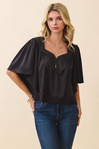 CT9707-Wide Notched Neck Draped Sleeves Top: Black / S