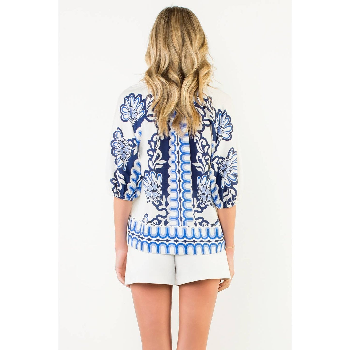 Skyland Flower Print Balloon Sleeve Top: BLUE