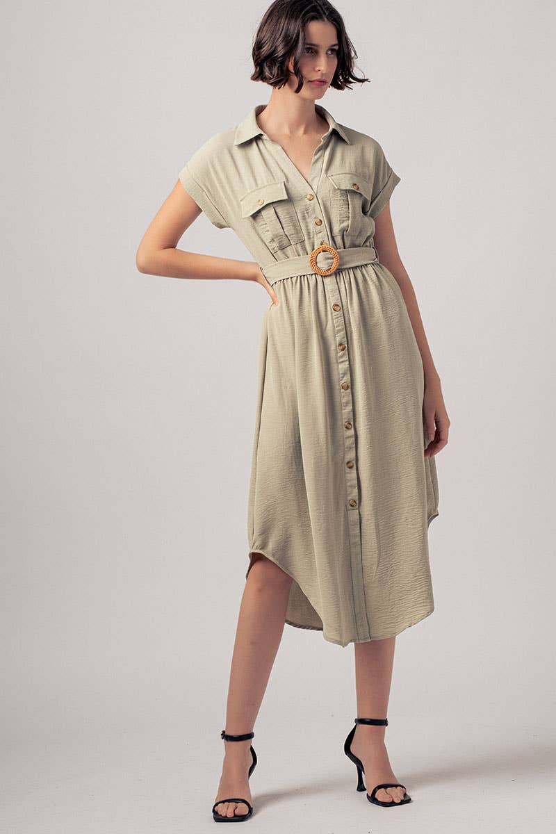 Stationary Icon Midi Shirt Dress: LT KHAKI / S-2/M-2/L-2