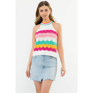Cream Sleeveless Halter Knit Top with Color Stripe Detail: CREAM