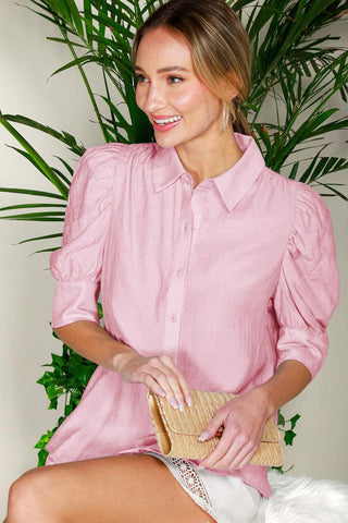 Collared Neckline Puff Short-Sleeve Blouse Top VT81707C: Taupe / L