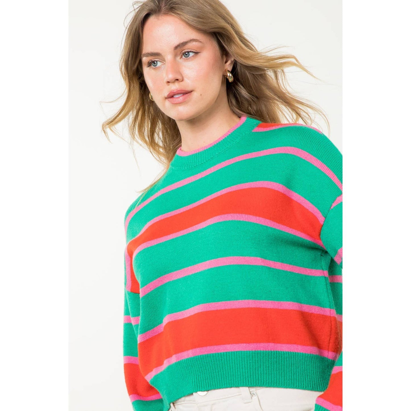 Striped Pattern Knit Sweater: GREEN