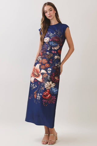 CD07530-Floral Print Satin Column Maxi Dress: NAVY / S