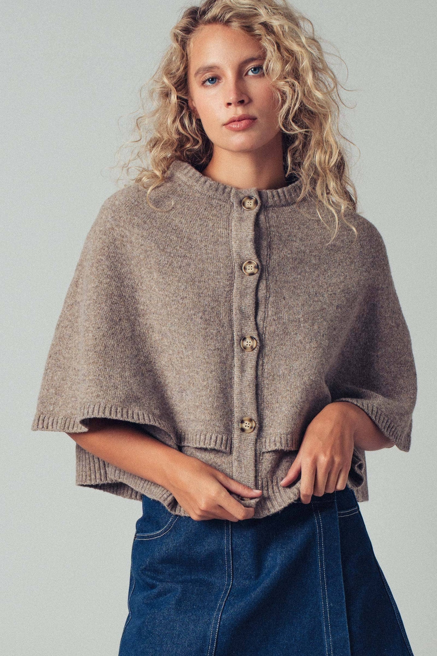 Chloe Button-Front Sweater Cape: CHARCOAL