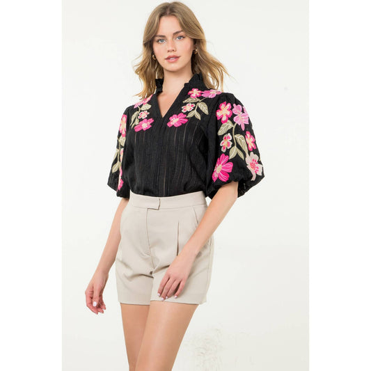 Embroidered Puff Sleeve Textured Top: BLACK