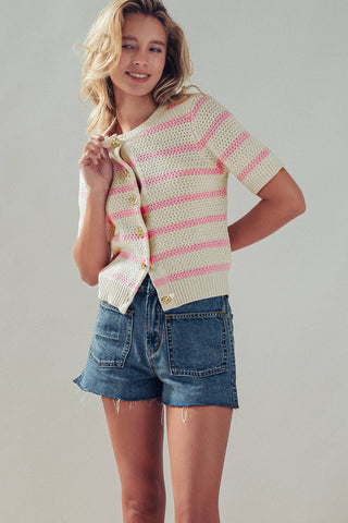 Retro  Striped Textured Knit Button-Up Top: Mocha / S-M-L:2-2-2