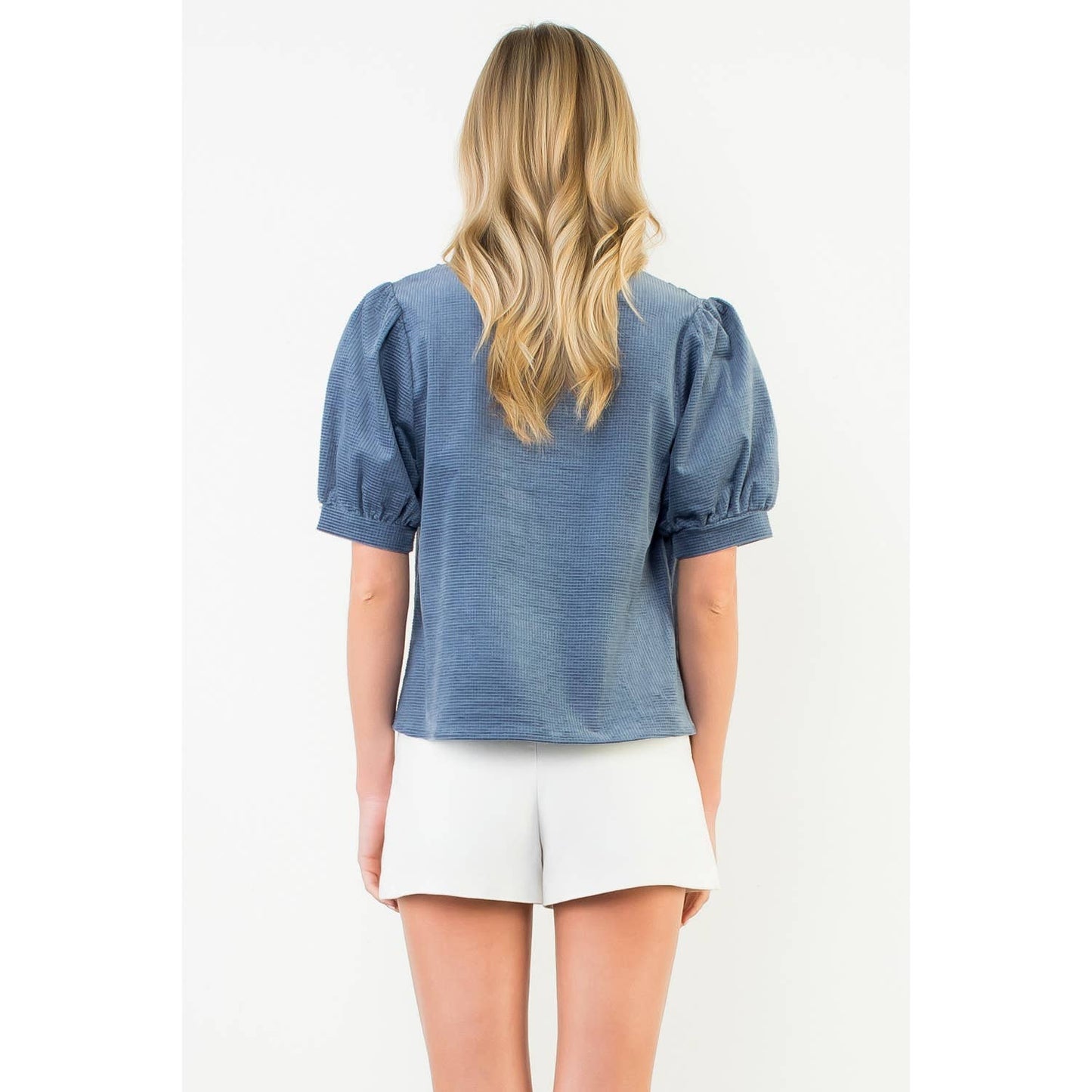 Breckan Puff Sleeve Textured V-Neck Top