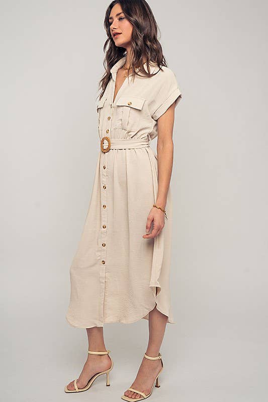 Stationary Icon Midi Shirt Dress: LT KHAKI / S-2/M-2/L-2