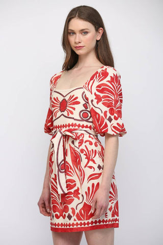TROPICAL PRINT LINEN BLEND SASH TIE MINI DRESS FD30609: IVORY / RED / L