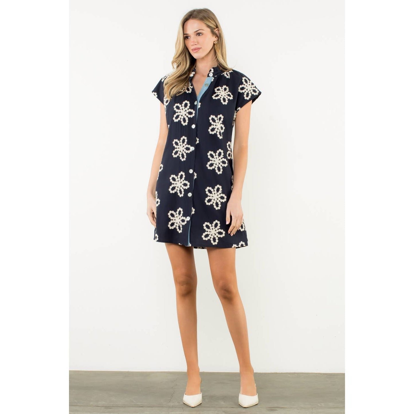 Fallon Embroidered Cap Sleeve Dress: NAVY