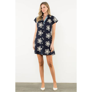 Fallon Embroidered Cap Sleeve Dress: NAVY