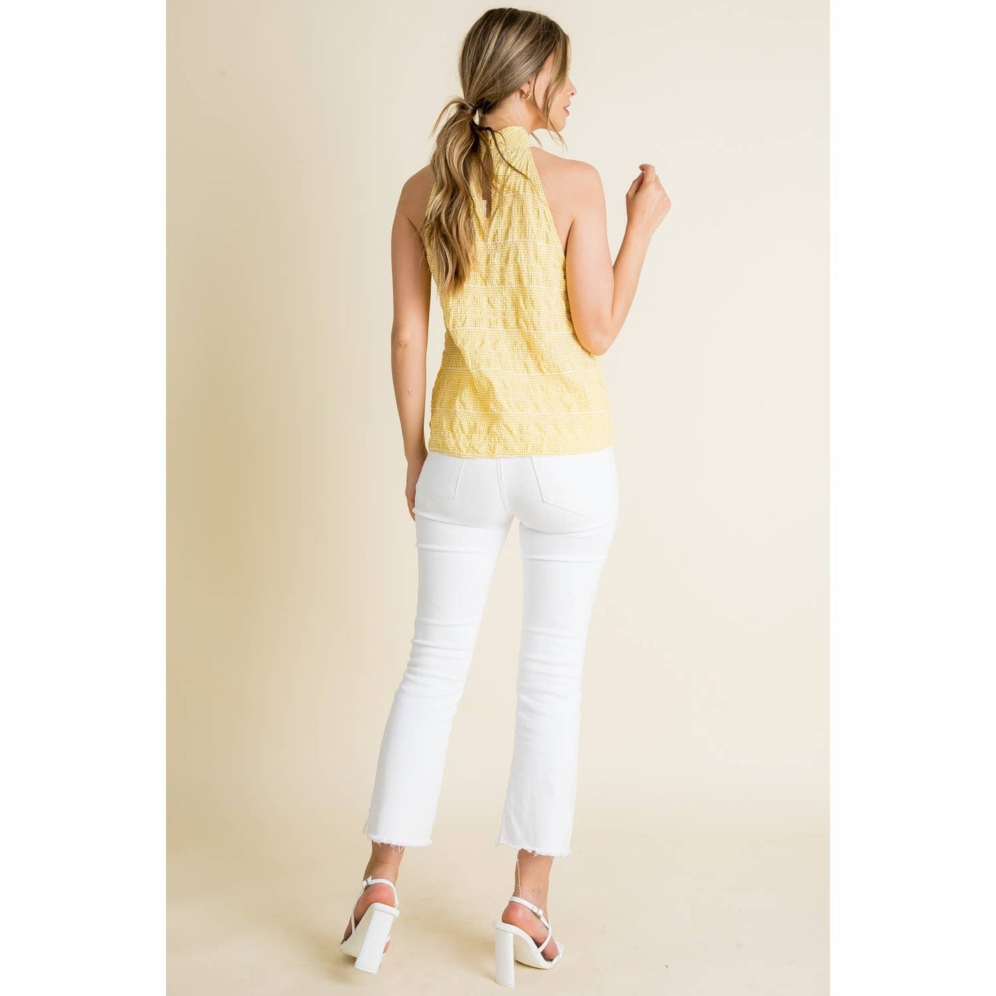 Embroidered Gingham Print Halter Top: YELLOW