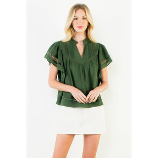 V Neck Fluttered Cut Out Top: OLIVE / XS-S-M-L(1-2-2-1)