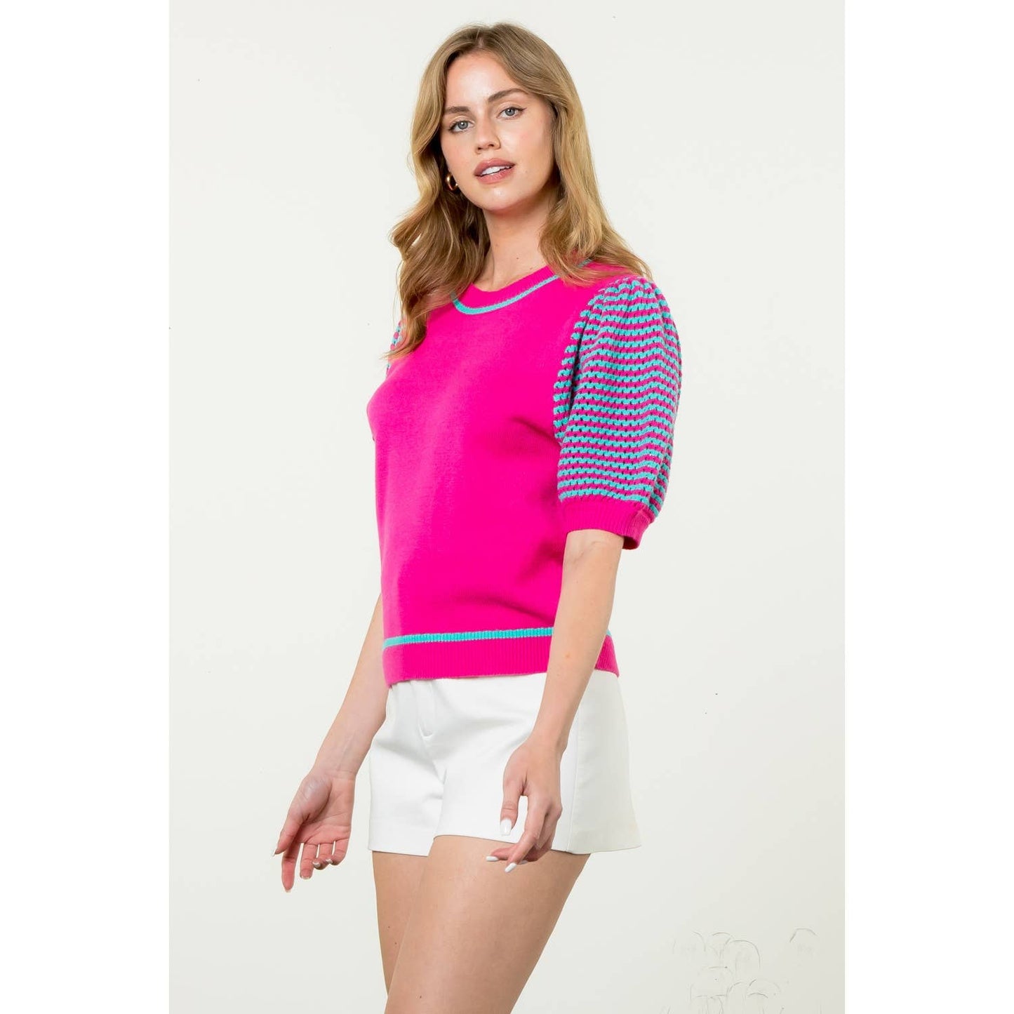 Knitted Puff Sleeve Top: MAGENTA