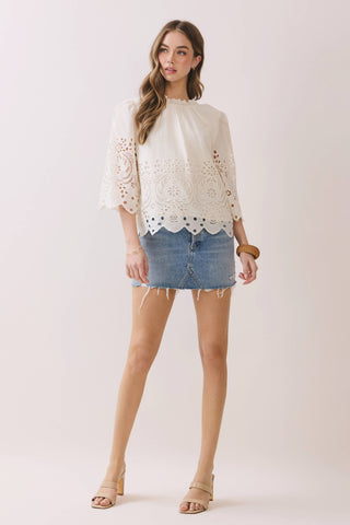 CT9629-Floral Eyelet Embroidery Detail Solid Top: Ivory / M