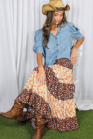 Collared Puff Sleeve 100%Tencel Chambray Shirt VT81707K: Light Denim / S