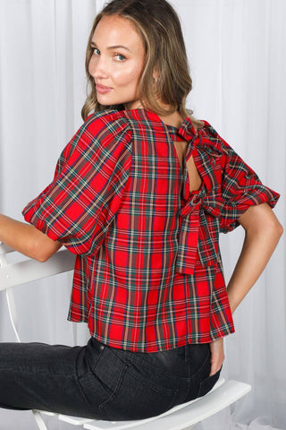 V-Back 2 Bow Accent Feminine Plaid Blouse Top VT82621A: Hunter Green / L