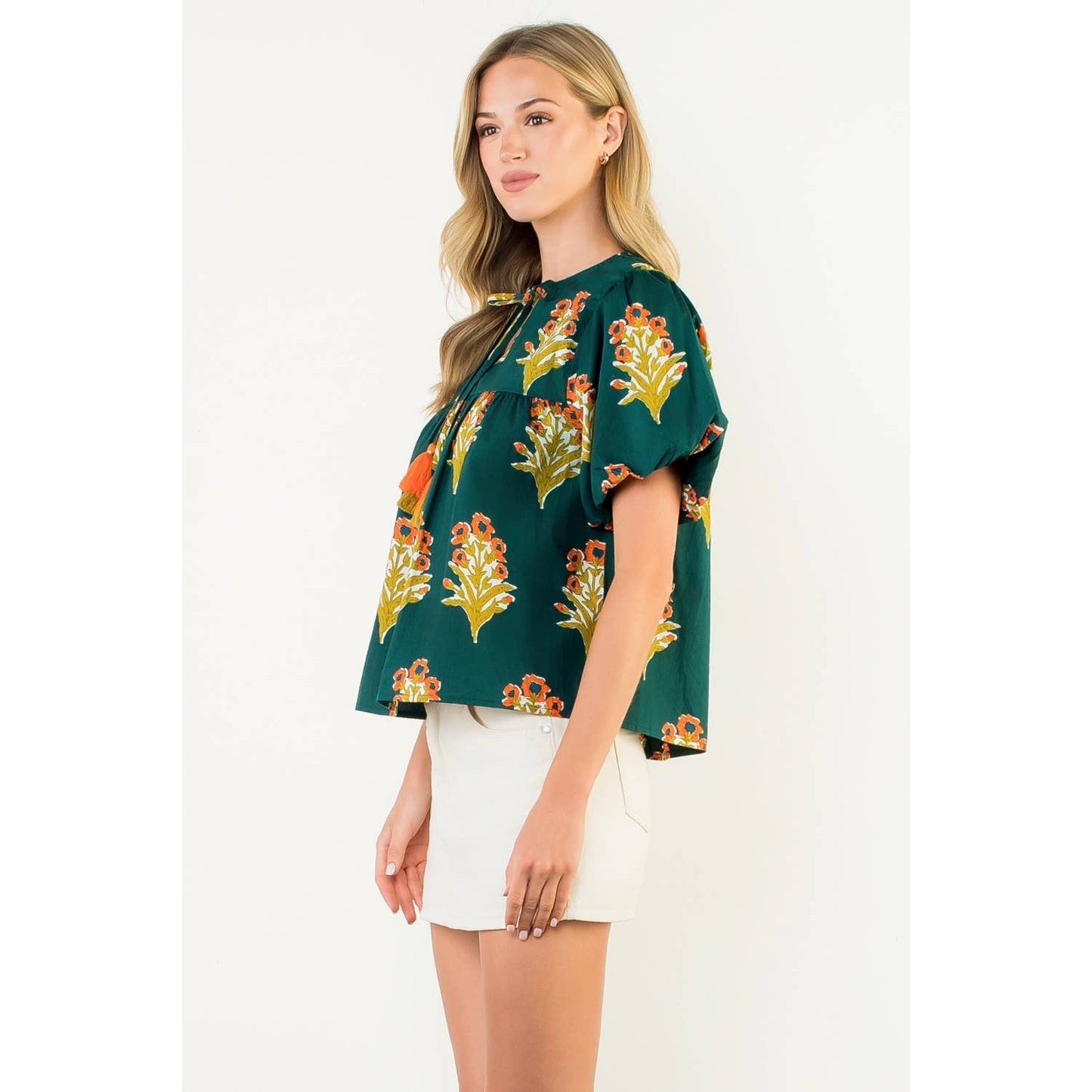 Puff Sleeve Floral Detailed Tie Tassel Top: GREEN / XS-S-M-L(1-2-2-1)