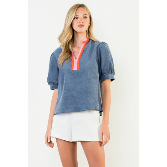 Breckan Puff Sleeve Textured V-Neck Top