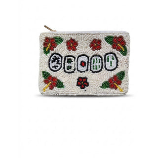 Mahjong Tiles Hibiscus Beaded Coin Pouch: IVORY