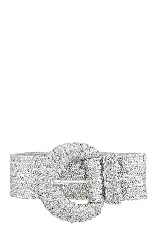 HALF CIRCLE BUCKLE METALLIC STRAW BELT: Silver