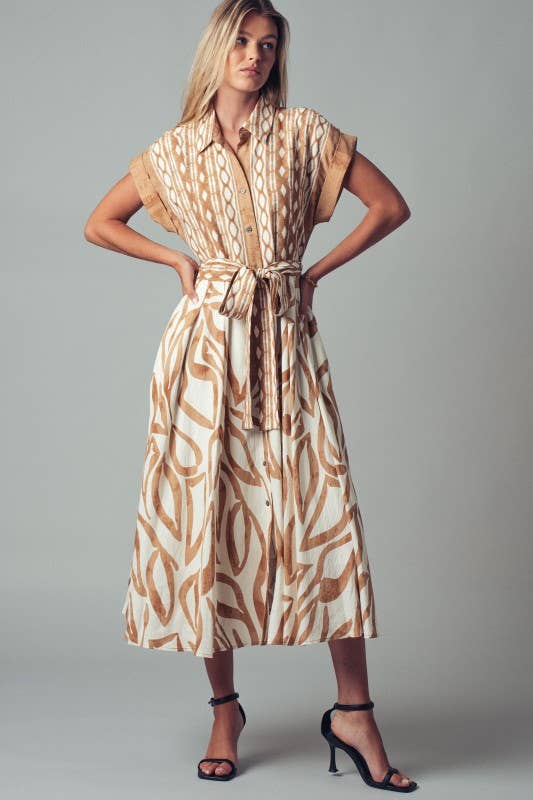 Abstract Print Button-Down Midi Dress: NAVY / S-2/M-2/L-2