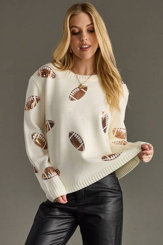 Touchdown Sequin Football Sweater: Cream