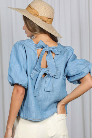 Back Bow Accent Feminine100%Tencel Chambray Top VT82621B: Light Denim / L