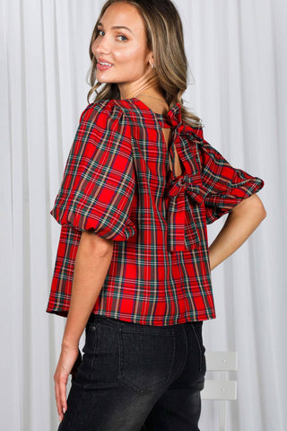 V-Back 2 Bow Accent Feminine Plaid Blouse Top VT82621A: Hunter Green / M