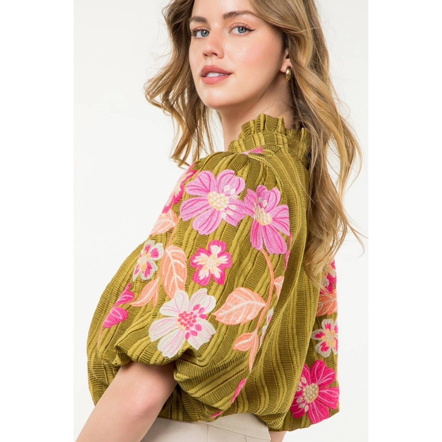 Embroidered Puff Sleeve Textured Top: BLACK
