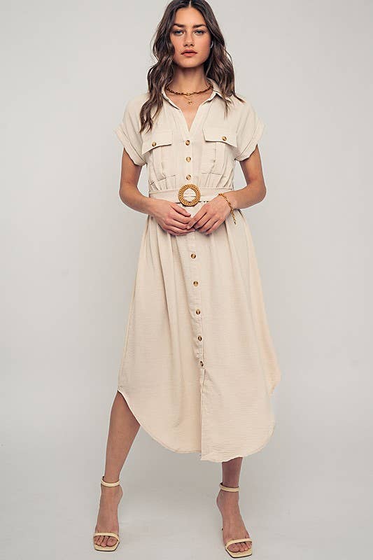 Stationary Icon Midi Shirt Dress: LT KHAKI / S-2/M-2/L-2