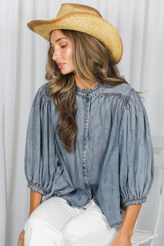 Ruffle Neck 100% Tencel Chambray Washed Denim Shirt VT83327: Washed Denim / S