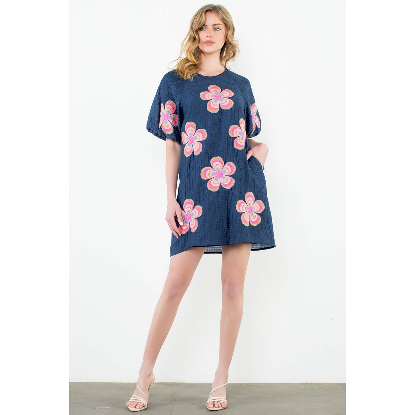 Flower Embroidered Textured Dress: NAVY