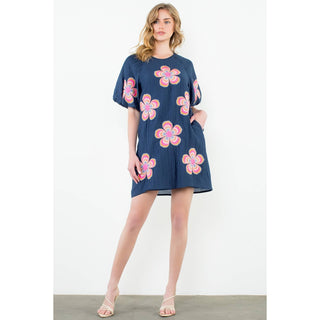Flower Embroidered Textured Dress: NAVY
