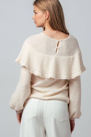 Ruffle Yoke Blouson Sleeve Knit Sweater: NATURAL / S-M-L:2-2-2