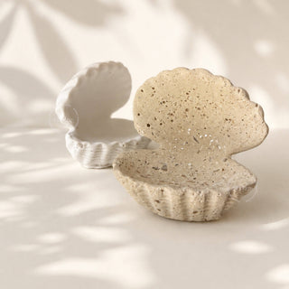 Handcrafted Sea Clam Shell Ring Box: Beige + Mother of Pearl Terrazzo
