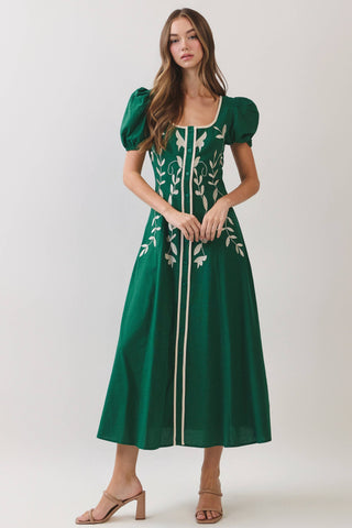 CD07454-Embroidered Puff Sleeve Midi Dress: Green / S