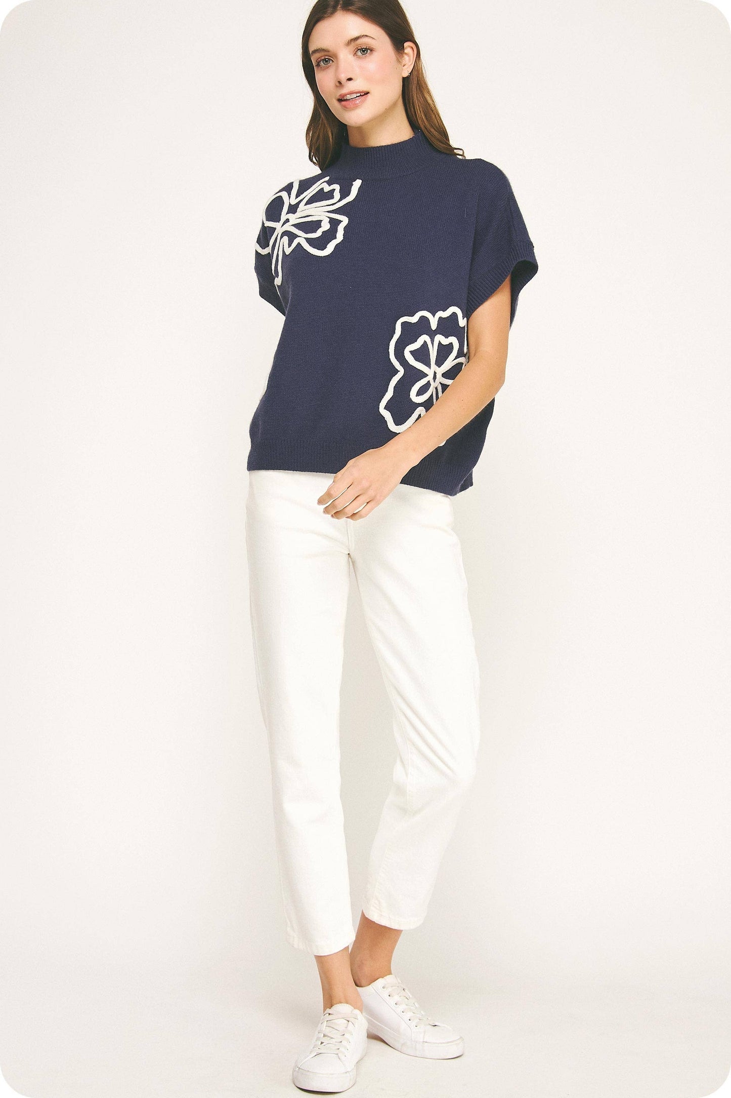 Claire Floral Embroidered Knit Top: Navy