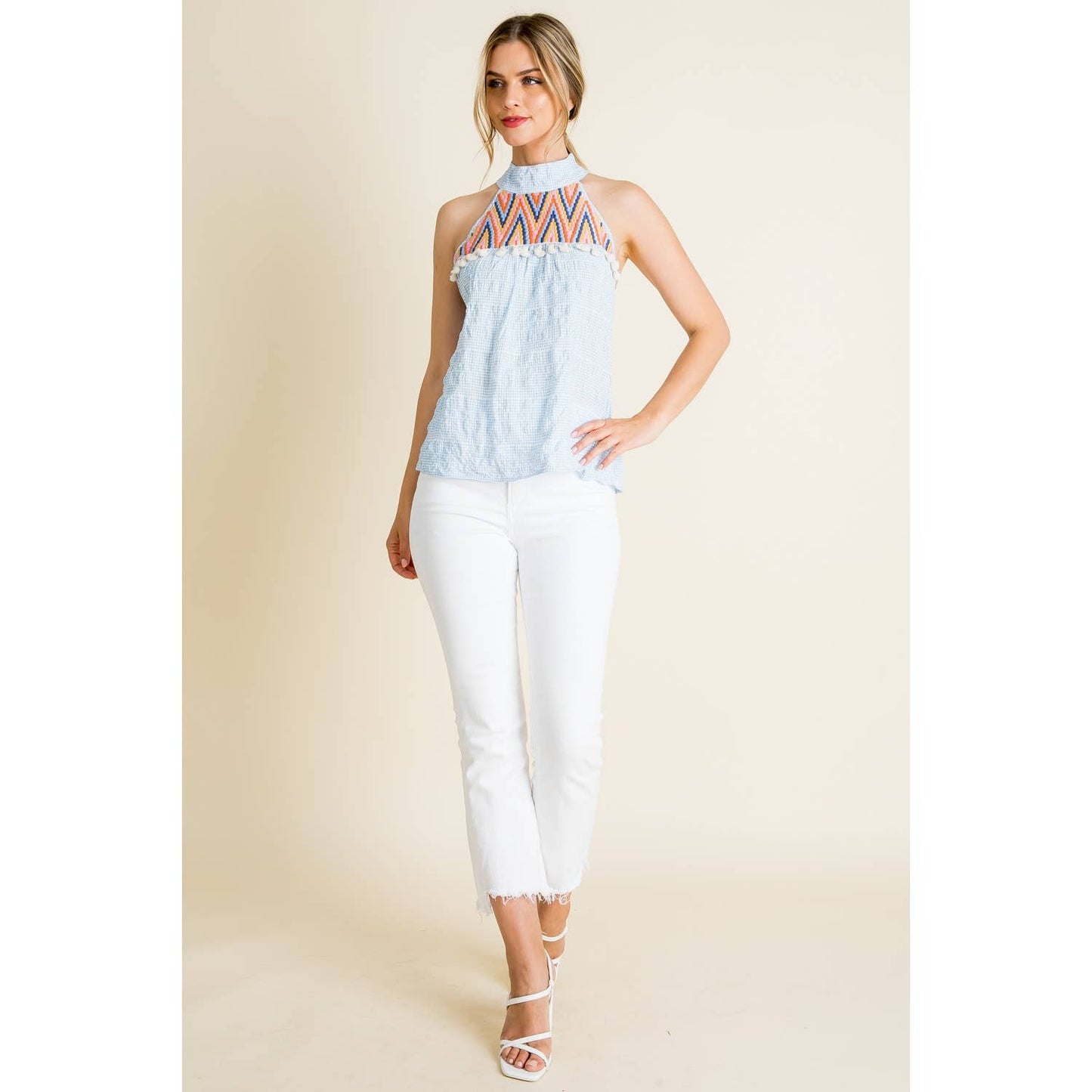 Embroidered Gingham Print Halter Top