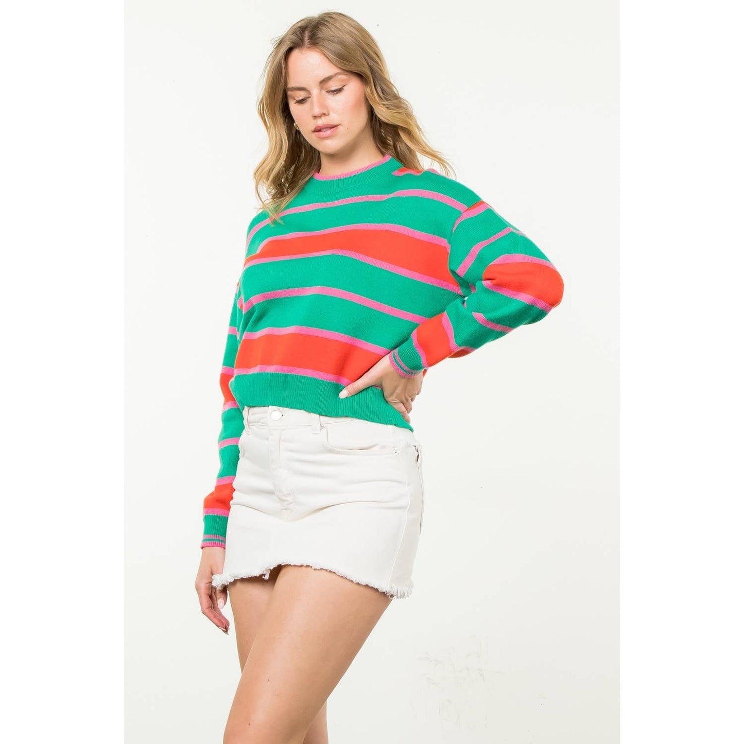 Striped Pattern Knit Sweater: GREEN