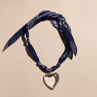 Navy Bandana Necklace: Silver Oversized Heart Charm / Navy