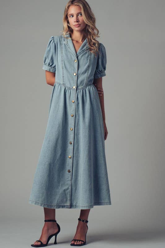 Lydia Button-Down Puff Sleeve Denim Dress