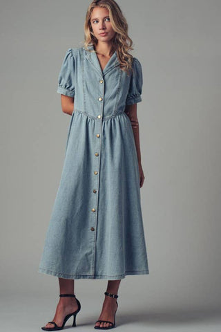 Lydia Button-Down Puff Sleeve Denim Dress